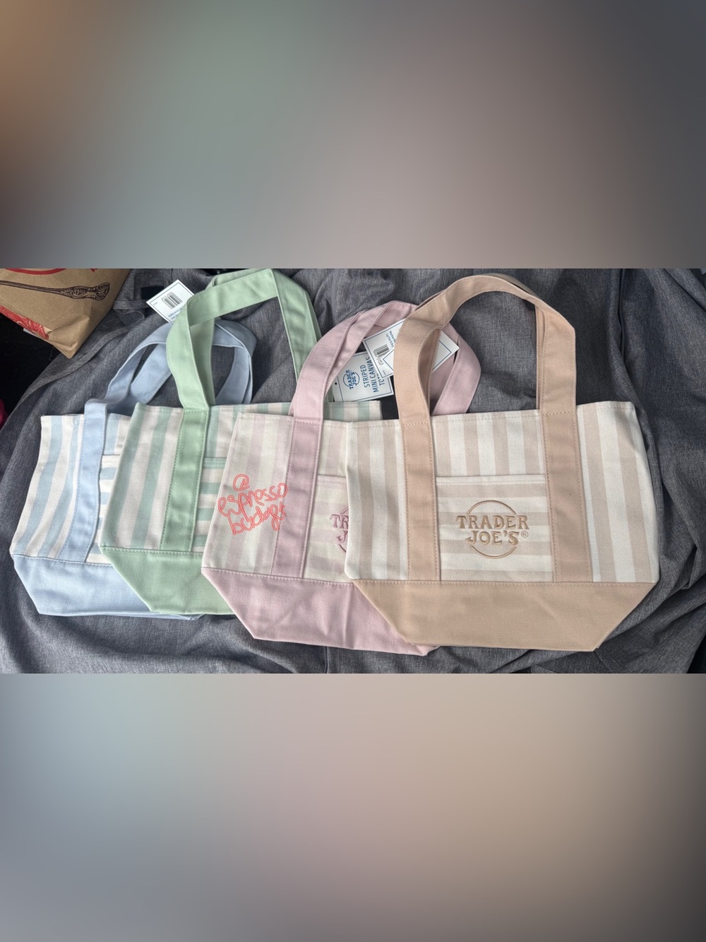 (Set of 4) Trader Joe’s Mini Canvas Tote Bags 💐Pastel Striped + TJ Poly Bag